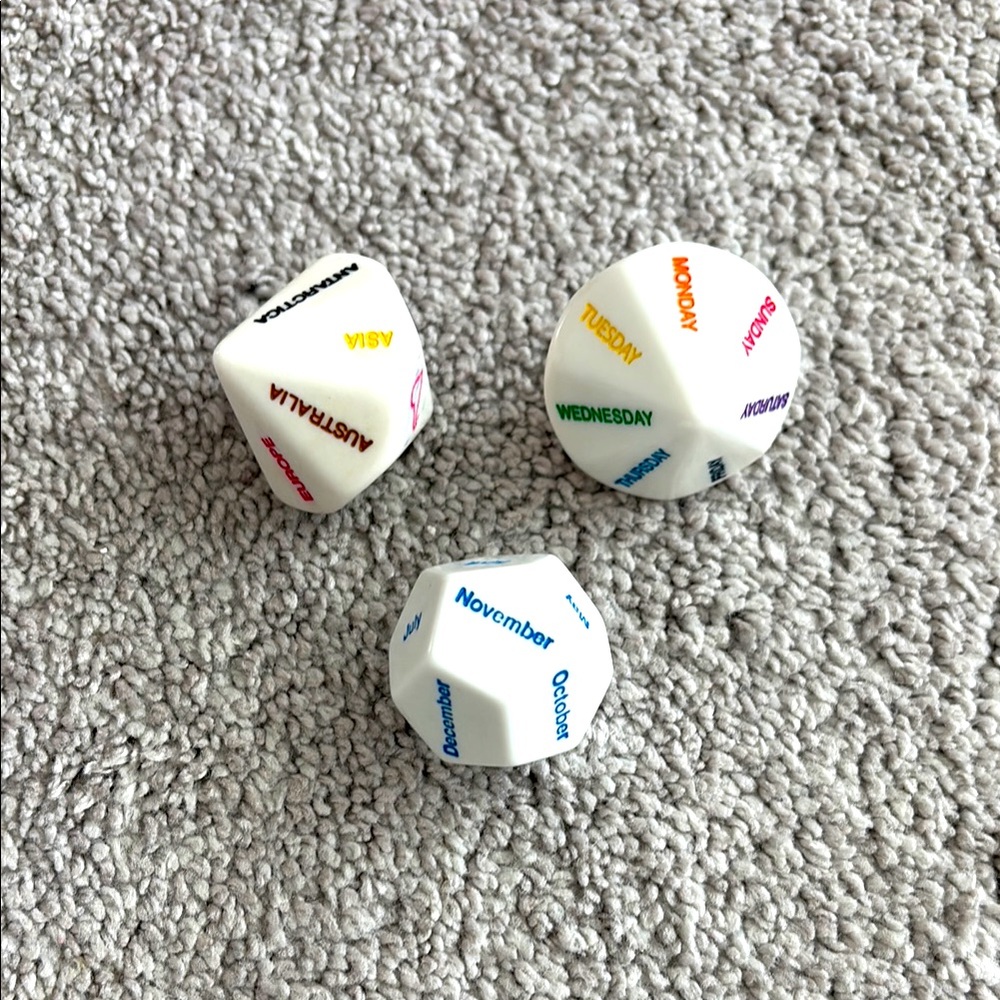 Colorful 3 Dice Set day, month, continent